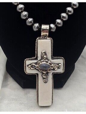 Reversible Bone Cross Necklace Faux Navajo Pearl Style Beads Southwestern